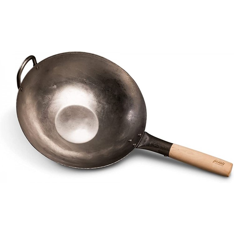 pasoli Wok | Fond plat | Pour cuisinière y compris induction | 30 cm de diamètre | Wok traditionnel en acier au carbone martelé à la main | Poignée en bois | Revêtement anti-adhésif naturel - B07YL9WFFTB
