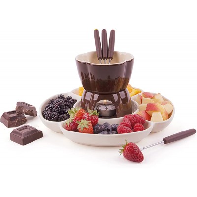 Excelsa Chocolate Service à Fondue au Chocolat avec Assiettes 8 pièces céramique crème Marron Manche Marron 25 x 25 x 12 cm - B01LEUP50YL